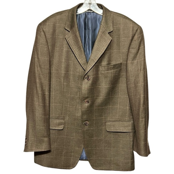 Alexander Julian American Modern Blazer Jacket Olive Plaid Wool Silk Linen 44R